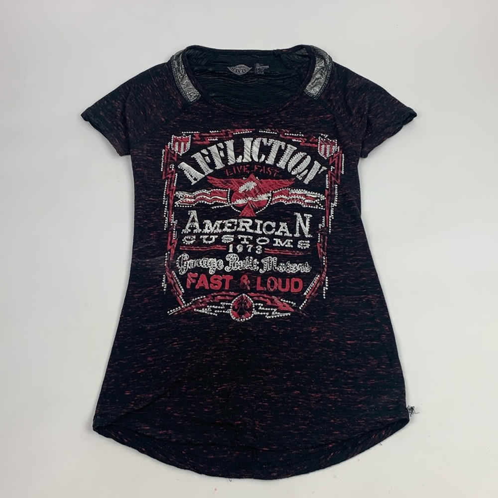 Affliction Sparkle Stud Tshirt top Size Small Black Maroon Silver Open Back